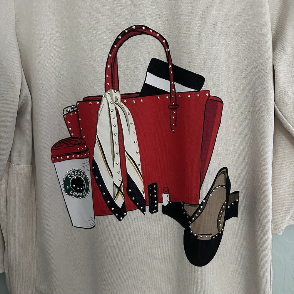 Kiss & Fly 3/4 Sleeve Coffee Purse Shoes Graphic Design Pullover Top Sz XL - Picture 2 of 6